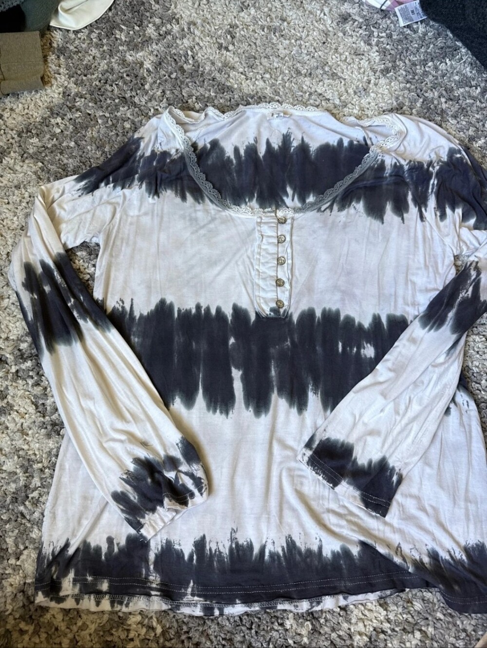 POL Long Sleeve Tie-Dye Henley Top in Black and White